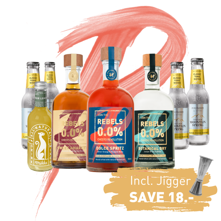 REBELS 0.0% Dry Month TRIO (Amaretto, Spritz, Gin)  + mixers + Jigger