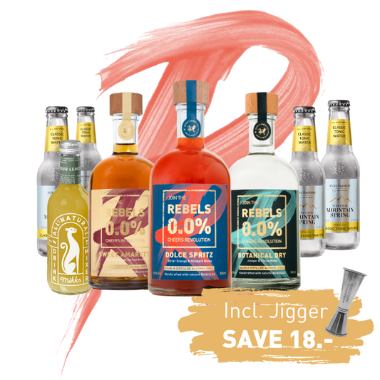 REBELS 0.0% Dry Month TRIO (Amaretto, Spritz, Gin)  + mixers + Jigger