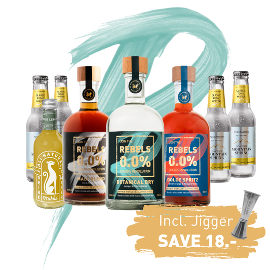 REBELS 0.0% Dry Month TRIO (Whiskey, Gin, Spritz) + mixers + Jigger