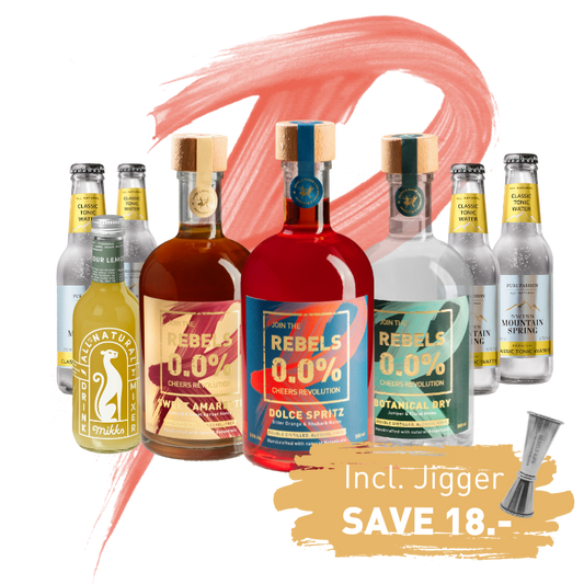 REBELS 0.0% Dry Month TRIO (Amaretto, Spritz, Gin)  + mixers + Jigger