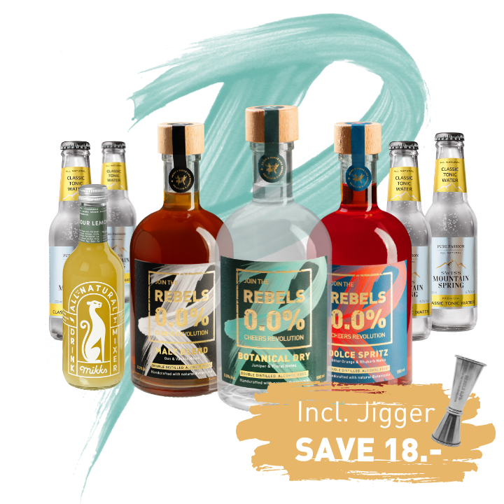 REBELS 0.0% Dry Month TRIO (Whiskey, Gin, Spritz) + mixers + Jigger